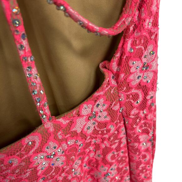 Jovani Pink Lace Halter Rhinestone Embellished Evening Gown 14 AS IS ALTERED - Picture 5 of 12